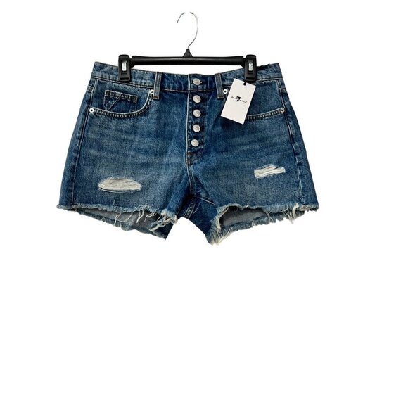 New 7FORALLMENKIND Size 30 MONROE CUT-OFF SHORT WITH EXPOSED BUTTONS PISCES BLUE - Picture 3 of 13